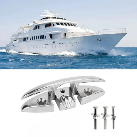 One stainless steel folding boat cleat with mounting screws for marine use on yachts and kayaks