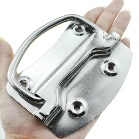 Heavy Duty Stainless Steel Ring Pull Folding Handle Set For Drawers Cabinets Doors Tool Boxes Includes Screws Two Pack held in hand