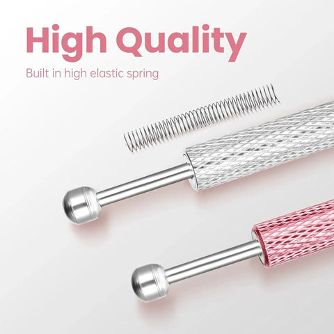 Close-up of Two Pack Four Prong Stainless Steel Pickup Tool showing built-in spring and textured grip for precise placement.