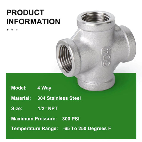 Two Pack Stainless Steel Four Way Pipe Fittings NPT Female Cross For One Half Inch Pipe Connections 304 Stainless Steel