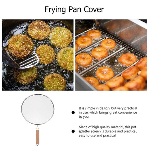 1pc Stainless Steel Explosion-proof Oil Screen Cover Cooking Oil Filter Strainer Pan Cover shown in use with fried food