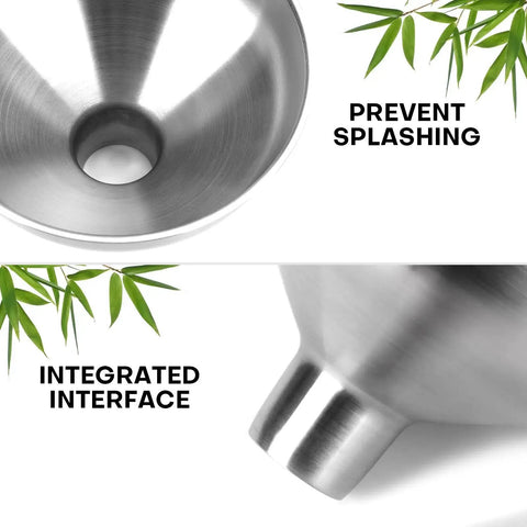 Top and side view of stainless steel funnels from the Stainless Steel Funnel Set Of 2 With Narrow 0.5 Inch Mouth And Wide 1 Inch Mouth.