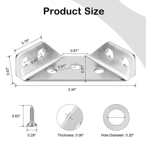 12-Pack Universal Stainless Steel Furniture Corner Connectors with Screws - Heavy Duty Triangular Support Brackets dimensions