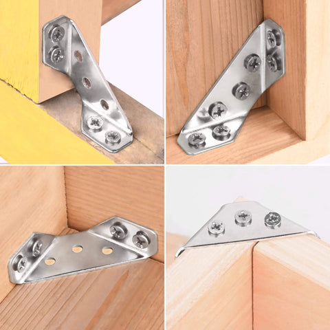 12-Pack Universal Stainless Steel Furniture Corner Connectors with Screws - Heavy Duty Triangular Support Brackets installed on wood