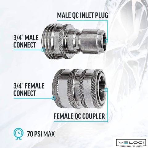 Three-Quarter-Inch Garden Hose Quick Connect Fittings Kit with stainless steel high-pressure couplings, 70 PSI male and female connectors shown.