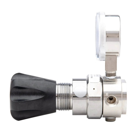 Side view of High Purity Stainless Steel Gas Regulator For Nitrogen Helium Argon Carbon Dioxide Hydrogen Oxygen 0 To 500 PSIG Single Stage Pipeline Regulator Model HP743