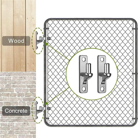 Rugged stainless steel gate hinge set for outdoor use with two pack wall mount hinges for wood or concrete, shown on metal fence.