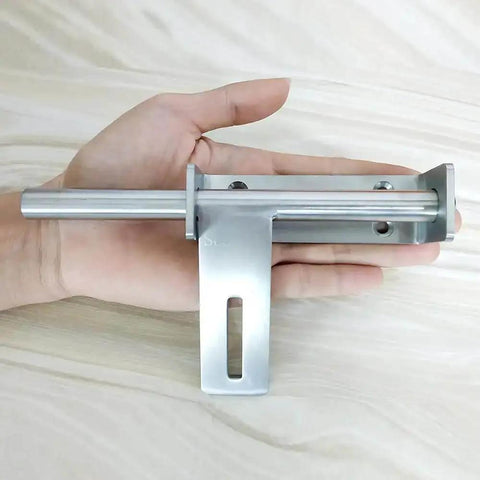 Hand holding Sliding Bolt Gate Latch with Padlock Hole Heavy Duty 304 Stainless Steel Barrel Door Latch Brushed Finish