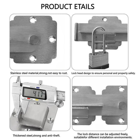 Heavy Duty Stainless Steel Gate Latch With Padlock Hole, 4mm Thick Construction shown with lock and measurements