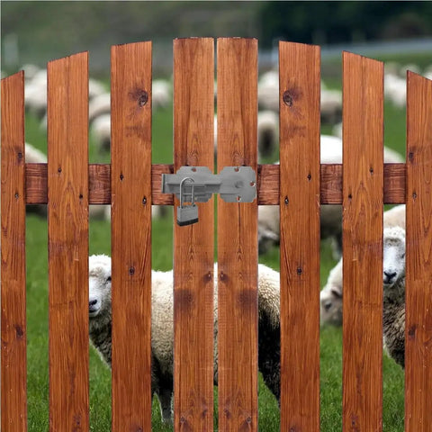 Heavy Duty Stainless Steel Gate Latch With Padlock Hole on wooden fence, 4mm construction, adjustable gap, 360 rotation
