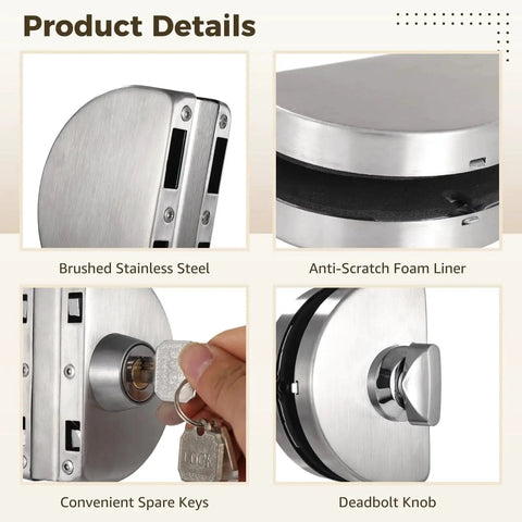 Stainless Steel Glass Door Lock Double Sided For Half Inch Glass Or Sliding Doors Brushed Finish Includes 3 Keys Copper Core For Enhanced Security Weather Resistant Rustproof Construction Ideal For Home And Commercial Use