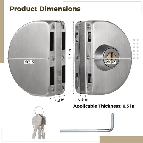 Stainless Steel Glass Door Lock Double Sided For Half Inch Glass Or Sliding Doors Brushed Finish Includes 3 Keys Copper Core For Enhanced Security Weather Resistant Rustproof Construction Ideal For Home And Commercial Use