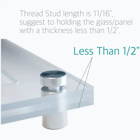 Stainless Steel Glass Standoff Screws Set For Signs, installed on glass panel, side view showing 11/16 inch thread stud, Lantee Brand Hardware