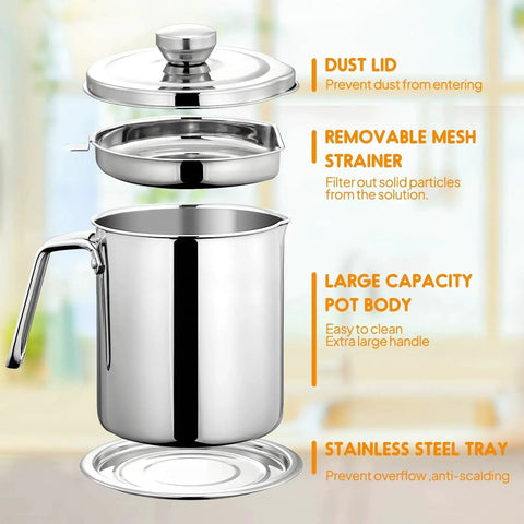 Stainless Steel Grease Container With Fine Mesh Strainer 2L Bacon Fat Oil Jar Dust Proof Lid Non Slip Tray For Kitchen Storing Frying Cooking Grease Keeps Oil Clean And Debris Free Chihee with handle, lid, and strainer parts visible.
