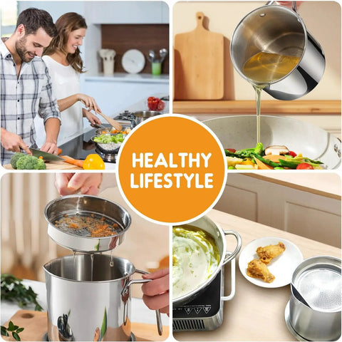Collage showing use of Stainless Steel Grease Container With Fine Mesh Strainer 2L Bacon Fat Oil Jar in kitchen settings.