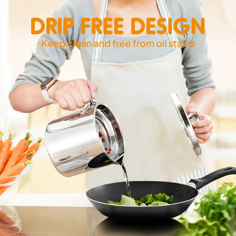 Person pouring oil from Stainless Steel Grease Container With Fine Mesh Strainer 2L Bacon Fat Oil Jar Dust Proof Lid into pan