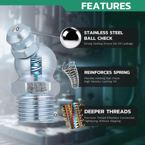 Close-up of grease zerk fitting showing stainless steel ball check, spring, and deep threads; part of Grease Fittings Kit With DIY Portable Storage Case For 330 PCS SAE And Metric Zerk Fittings In Straight, 45 Degree, And 90 Degree Angles, Dust Caps, Two Standard Couplers, 7-11mm Wrench Set, And Organized Carry Box For Grease Gun.