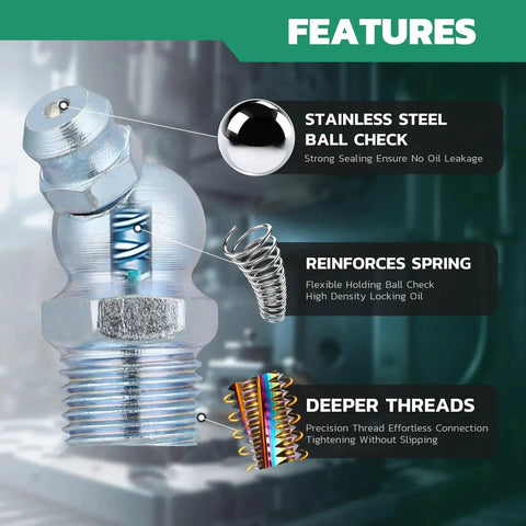 Close-up of stainless steel ball check, reinforced spring, and deeper threads in grease fittings kit fifty pack one quarter inch twenty eight SAE zerk 90 degree fittings with caps and nine millimeter wrench for grease gun durable galvanized steel ideal for tight spaces and home mechanic maintenance.