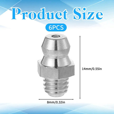 Close-up of a 6 Pcs Stainless Steel Straight Grease Fitting M6 X 1mm Thread with measurements on a blue background.