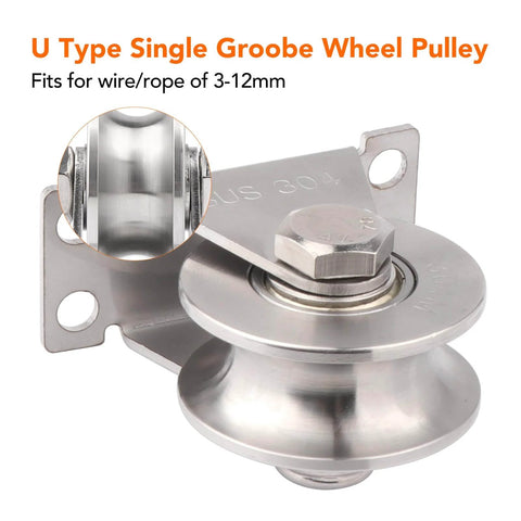 U Type Single Groove Wheel Pulley, stainless steel with wall mount, for wire rope 3-12mm, 2PCS Groove Wheel Pulley