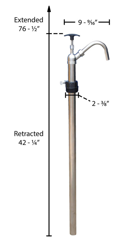 Vestil LDP-SS-316 Bung Stainless Steel Hand Drum Pump 2 In. Silver with dimensions shown, extended and retracted measurements.