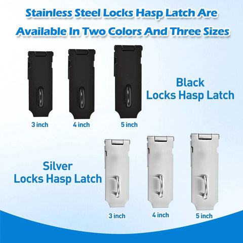 3 Inch Stainless Steel Door Hasp Latch Made From 304 Stainless Steel With Extra Thick Brushed Finish Includes Screws For Durable Corrosion Resistant Packlock Clasp Lock On Doors And Easy Installation in black and silver varieties shown in different sizes.