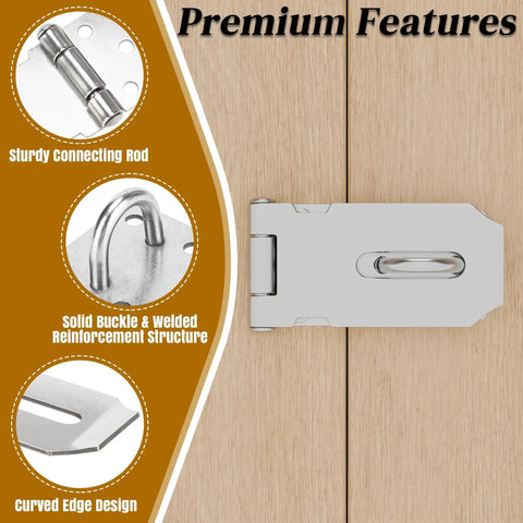 3 Inch Stainless Steel Hasp Latch Heavy Duty Brushed Finish for Fence Gates Doors and Cabinets, showing features and close-up details
