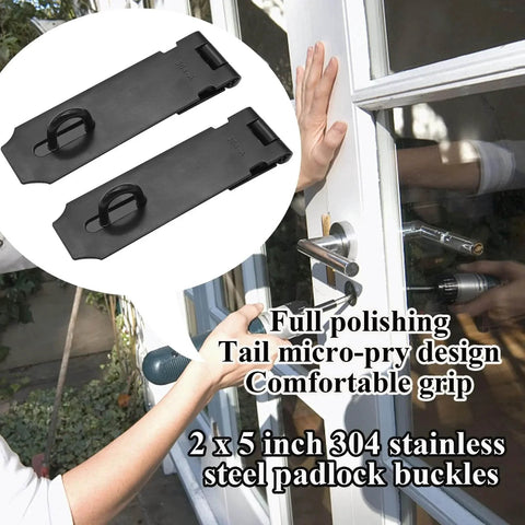 5 Inch 304 Stainless Steel Hasp Latch Set 2 Pack With Padlock And Combination Lock Black Heavy Duty Installed on Door