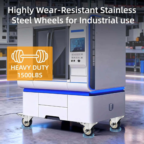 Stainless steel 3 inch heavy duty caster wheels with rust proof 304 swivel design, casters with brakes in a 4 pack, installed on industrial equipment.