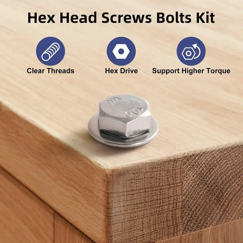 Image showing a single hex bolt on a wooden surface from the 3/8-16 X 2 Inch Hex Bolts Kit With Lock Nuts Flat Washers And Lock Washers In 304 Stainless Steel 18-8 Fully Threaded For Heavy Duty Applications Ideal For Automotive, Marine, Construction And DIY Projects.