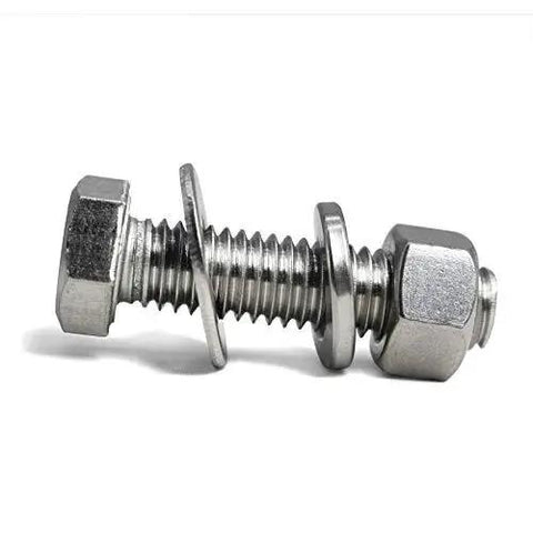 Close-up of Stainless Steel Hex Bolts Kit 5/16-18 x 3/4 Inch Includes Nuts Flat Washers and Lock Washers, 304 steel, corrosion-resistant.