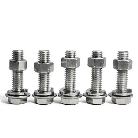 Stainless Steel Hex Bolts Kit 5/16-18 x 3/4 Inch Includes Nuts Flat Washers And Lock Washers displayed upright, bright finish