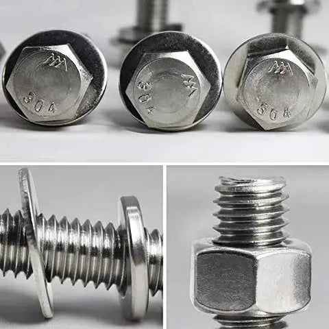 Close-up of Stainless Steel Hex Bolts Kit 5/16-18 x 3/4 Inch Includes Nuts Flat Washers And Lock Washers Fully Threaded 304.