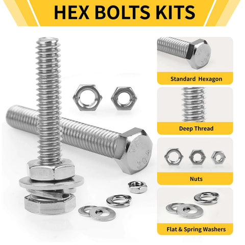 Homwin 255Pcs Stainless Steel Bolts and Nuts Kit, assortment of hex bolts, nuts, and washers in silver for various applications.