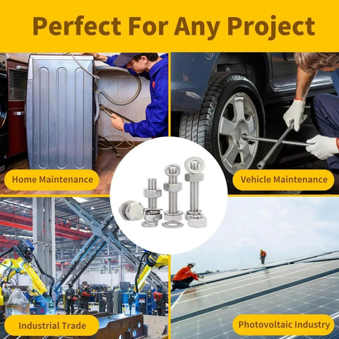 246Pcs Hex Bolts Fully Threaded Nuts Assortment Kit Stainless Steel 1 4 20 5 16 18 3 8 16 Flat And Lock Washers shown in use for various projects including home maintenance, vehicle maintenance, industrial trade, and photovoltaic industry.