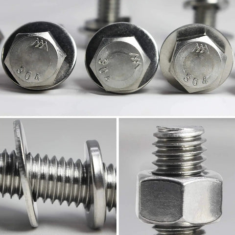 1/4-20 x 1-1/4 Inch Hex Bolts and Nuts Kit With Flat Washers and Lock Washers Stainless Steel 304, close-up views