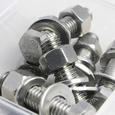 Close-up of 1/4-20 x 1-1/4 Inch Hex Bolts and Nuts Kit With Flat Washers and Lock Washers Stainless Steel 304 Assorted Fasteners