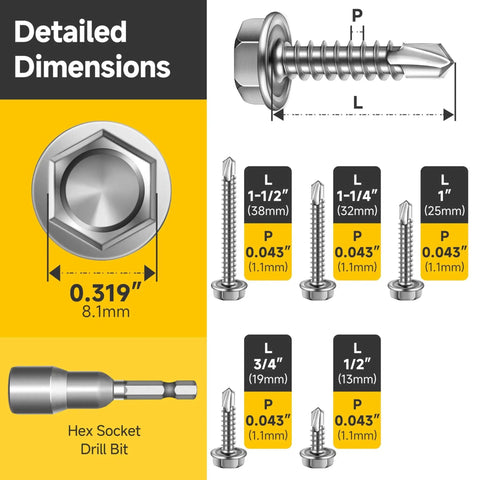 Detailed dimensions of stainless steel self tapping screws for metal kit 110 pieces no 8 hex head self drilling screws assortment.