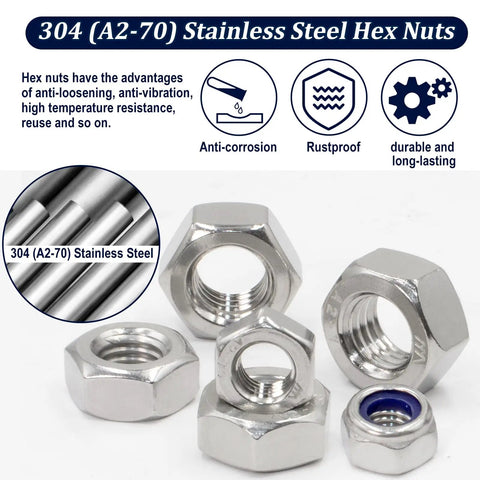 304 stainless steel hex nuts with nylon insert, showing corrosion resistance and durability.