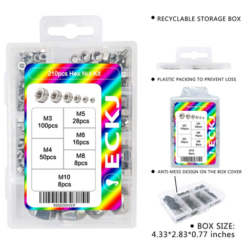 210 Pack 304 Stainless Steel Hex Nuts Assortment Kit DIN 934 M3 M4 M5 M6 M8 M10 For Professionals DIY in storage box
