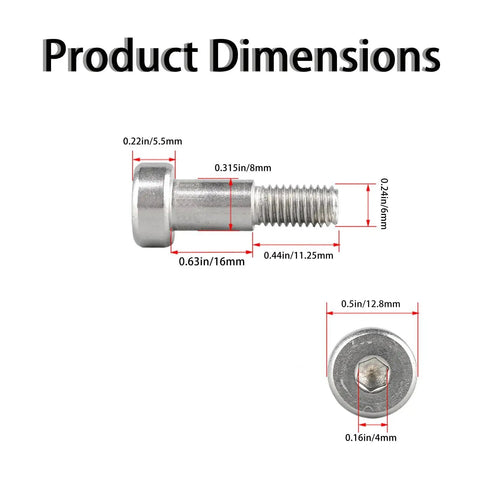 Product dimensions of 5 Pack 8xM6x16 Hex Socket Shoulder Bolts Stainless Steel Heavy Duty Hardware with detailed measurements shown.