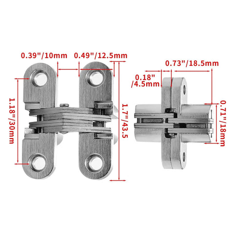 Dimensions of One And Three Quarters Inch Stainless Steel Hidden Hinge For Frameless Kitchen Cabinets, 180 Degree Invisible Cross Concealed Hinges