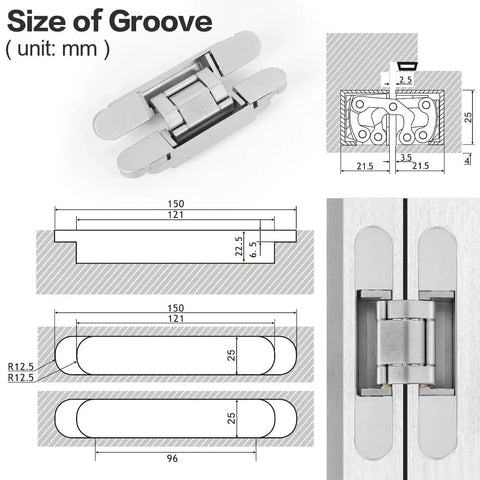 Diagram showing dimensions of Hidden Door Hinges 6 Inch Stainless Steel Pack Of Two Concealed Hinges with 180 Degree Swing.