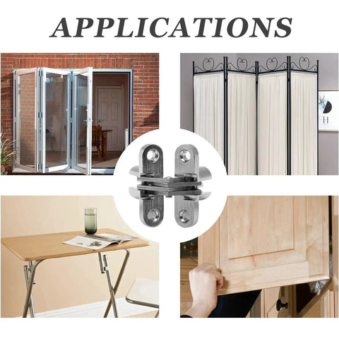 Applications of One And Three Quarters Inch Stainless Steel Hidden Hinge For Frameless Kitchen Cabinets, 180 Degree Invisible Cross Concealed Hinges with Screws, showing use in doors, screens, tables, and cabinets. Four Pack by Rierdge.