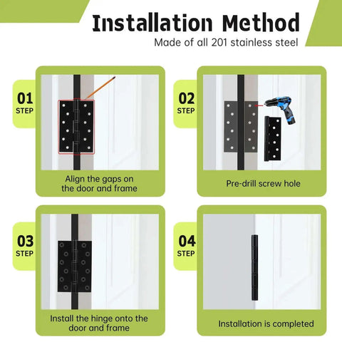 Four-step installation guide for Six Pack Black Door Hinges 6 Inch Ball Bearing Heavy Duty Stainless Steel Hinges with screws