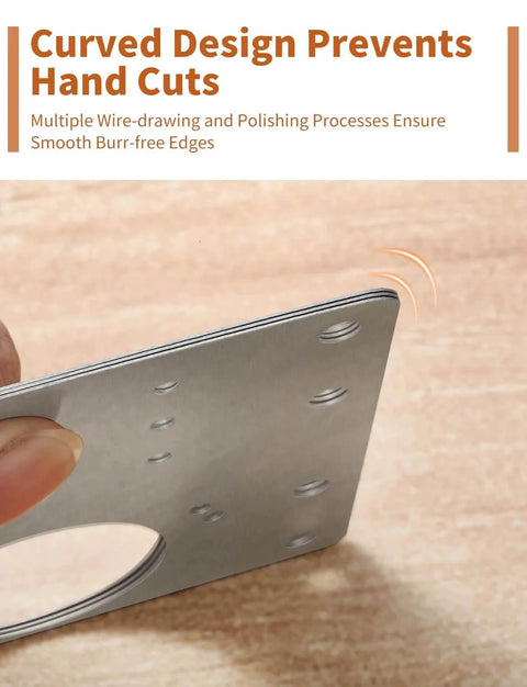 Close-up of 12Pcs Upgraded Cabinet Hinge Repair Plate Kit showing curved stainless steel edge to prevent hand cuts.