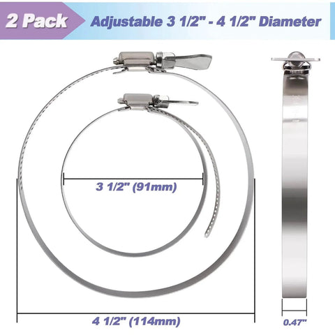 2 Pack 4 Inch Hose Clamp Adjustable 3.5 to 4.5 Inch Diameter 304 Stainless Steel Easy Turn Thumb Screw Worm Gear Hose Clamps