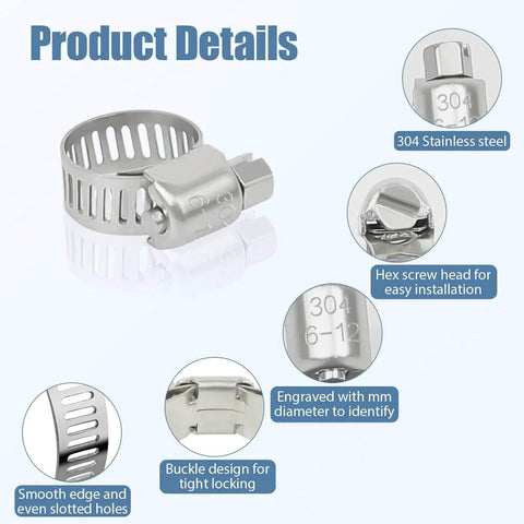 50 Pack Stainless Steel Hose Clamps One Quarter To One Half Inch Adjustable Worm Gear With Socket Wrench for Plumbing Automotive and Mechanical Applications Premium 304 Stainless Steel Corrosion Resistant Durable Heavy Duty Gear Clamp Set showing clamp details and features