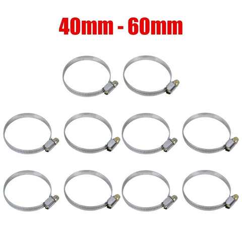 10 Pcs Narrow 9mm Stainless Steel Adjustable Hose Clamp 40 To 60mm HC40 To 60 Pack Durable Rust Resistant With Toothed Design And Smooth Edge For Tight Fit And Secure Hose Connection