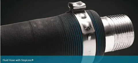 Oetiker 167 Series stainless steel Stepless One Ear Clamp on hose, showing 7mm band width and closure for corrosion resistance.